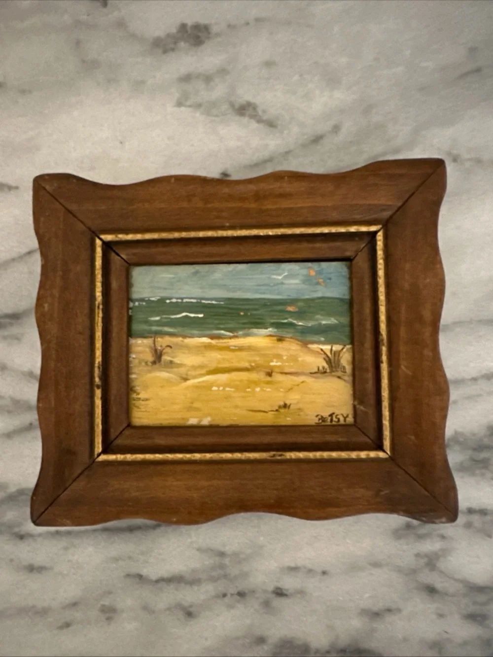 Oil painting on wood miniature sea escape wood frame